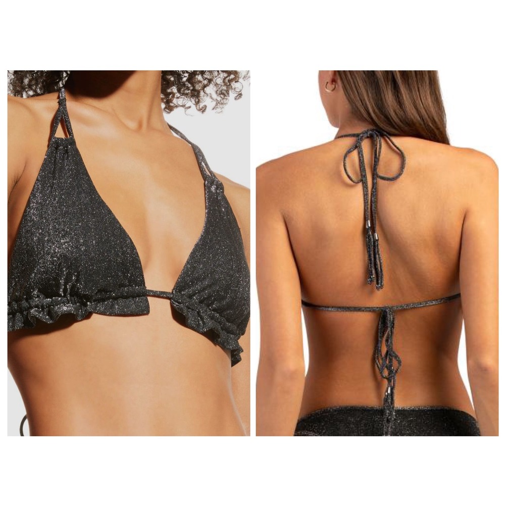 Ramy Brook Luxury Swimwear Bikini Top Women Medium Black Metallic Ruffle Halter